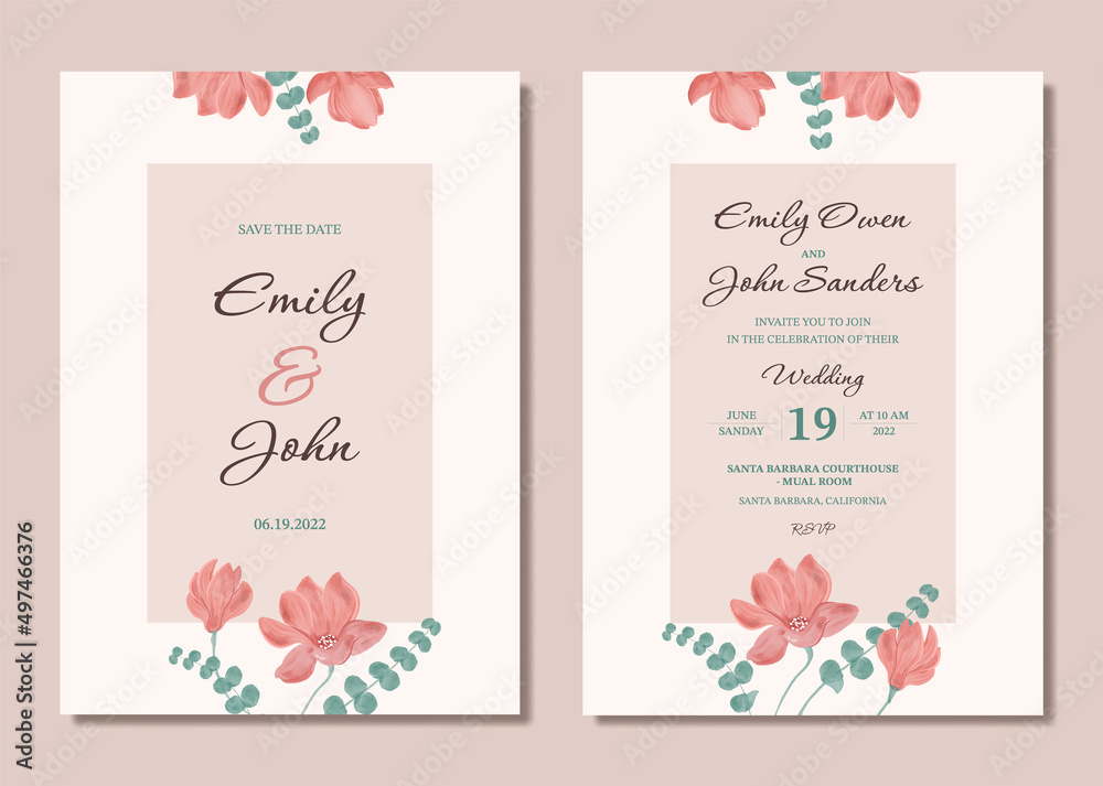 Wedding invitation in style rustic. Watercolor template frame with blooming blush-colored magnolia and eucalyptus branches. Vector set floral wedding invitation card