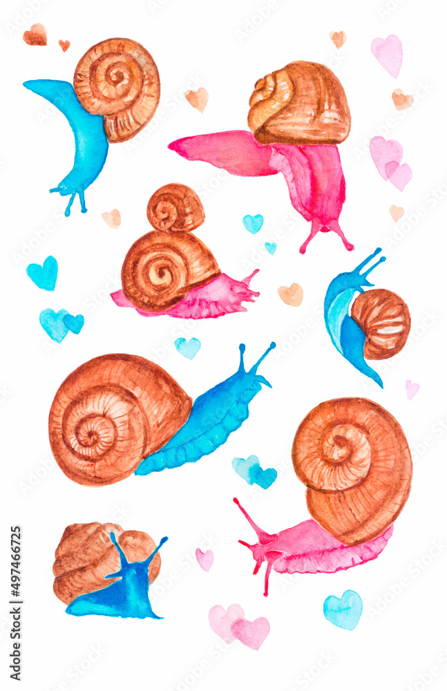 Watercolor set of snails. Watercolor set of snails.
