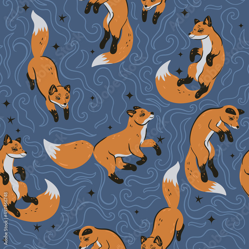 Fototapeta Naklejka Na Ścianę i Meble -  Seamless pattern with cute foxes. Vector graphics.