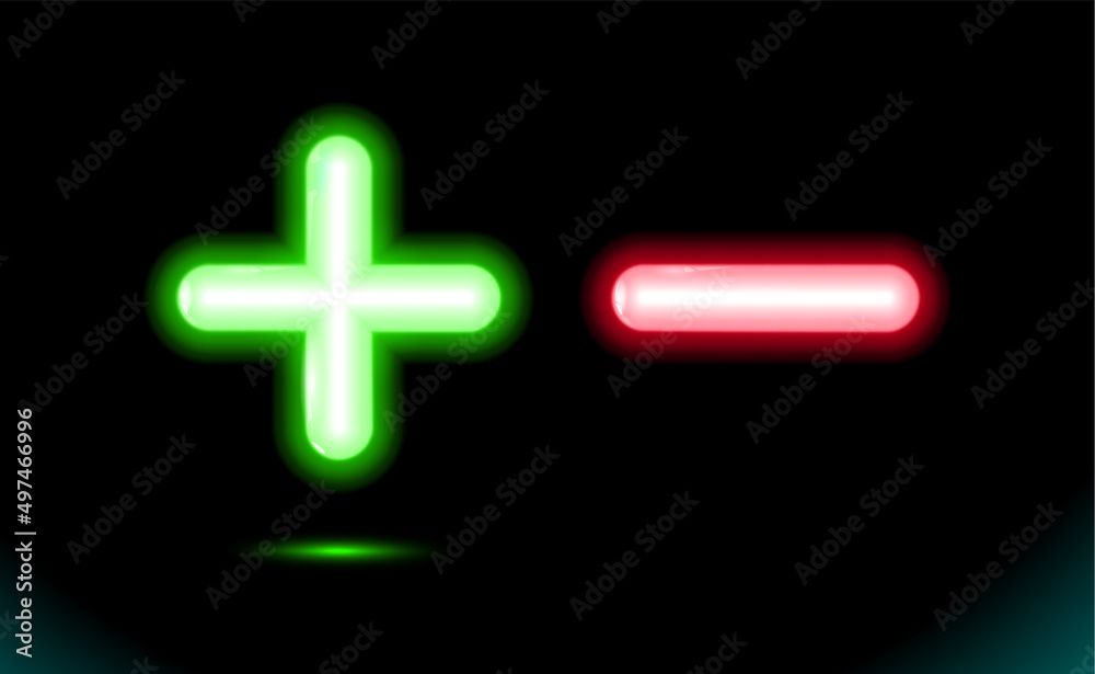 Plus and minus green, red glowing neon icon. Vector illustration. Plus and minus green, red glowing neon icon. Vector illustration.