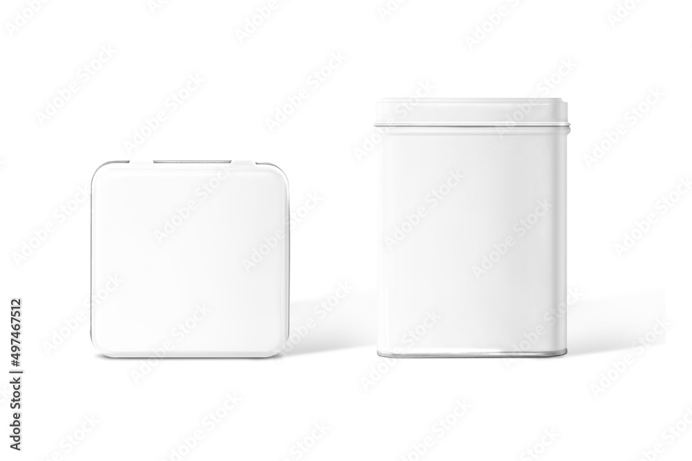 Blank white square tin box food container for packaging design mockup isolated on white background. front view. 3d rendering.