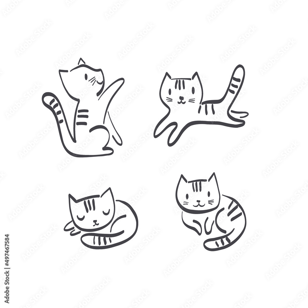 Cute cat in different poses play run sleep sit doodle illustration set isolated on white. Childish felt pen hand drawn kitten colouring page design.