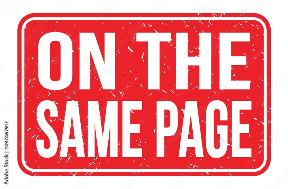ON THE SAME PAGE, words on red rectangle stamp sign ON THE SAME PAGE, words on red rectangle stamp sign