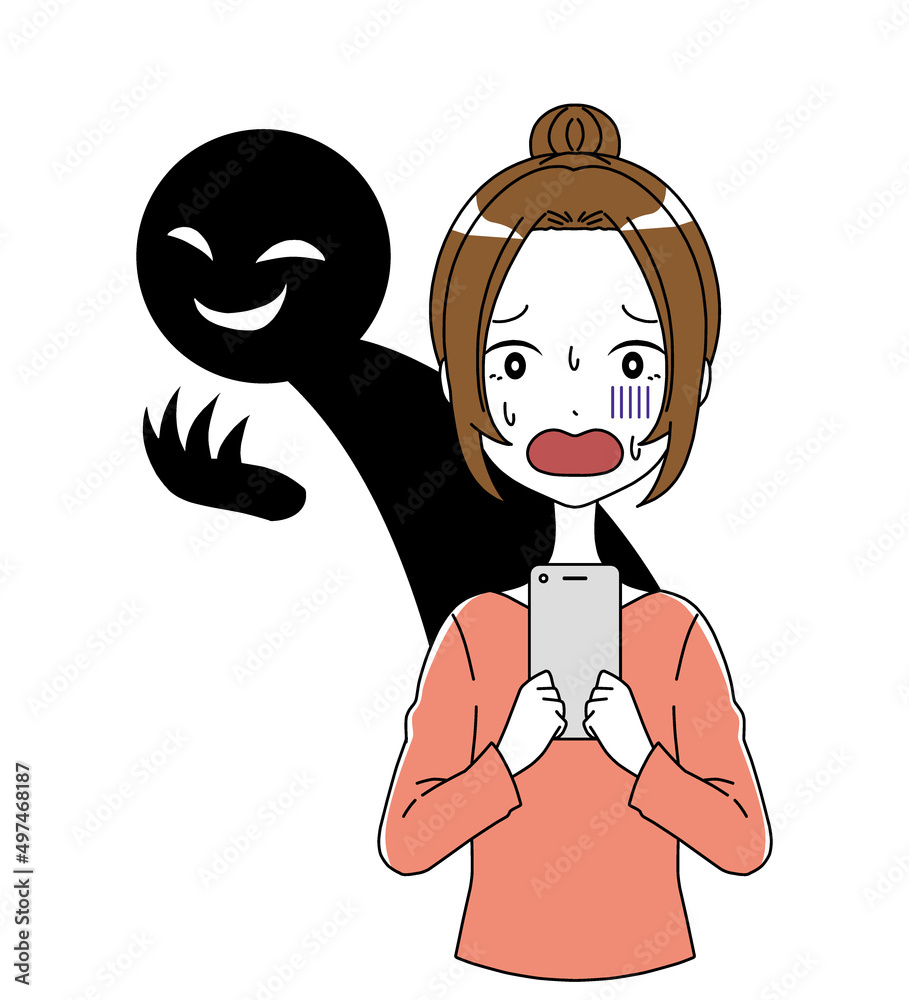 Vettoriale Stock スマホを持った女性と黒い人影の詐欺などのイメージのイラスト Adobe Stock