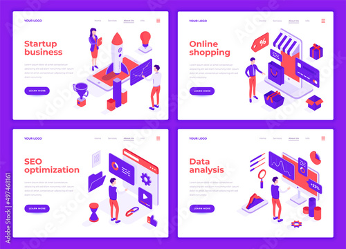 Business people characters interact with icons. Landing page templates. 3d isometric vector illustrations set.