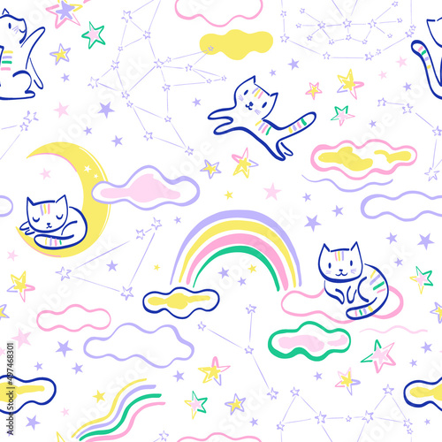Cat among stars whimsy constellation sit on rainbow clouds sleep on half moon vector seamless pattern. Cosmic dreams background. Childish felt pen hand drawn blue contour cute kitten surface design.