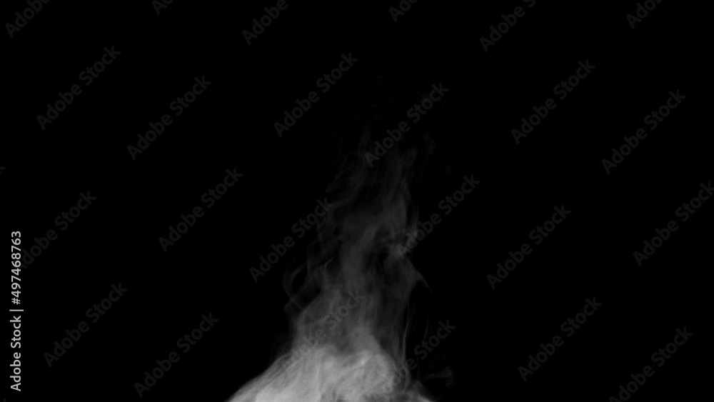 Steam for Food. White steam spins and rises from the pan. White smoke rises from a large pot, which is located behind the frame. Isolated Steam seamless loop black background.