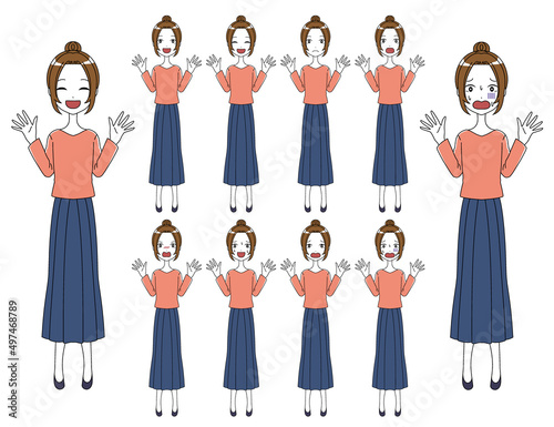 驚くポーズの女性の笑顔など色んな表情の全身イラストセット