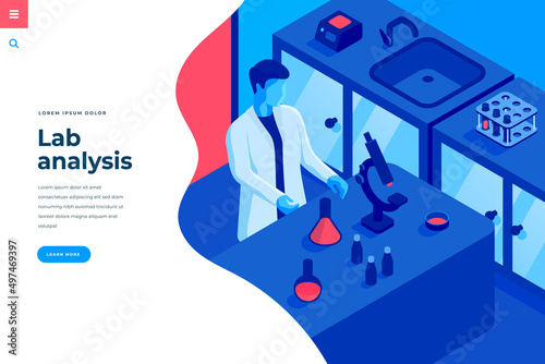 Lab analysis isometric vector illustration for landing page header template or web banner with copy space for text. Male character scientist in uniform in laboratory interact with research equipment.