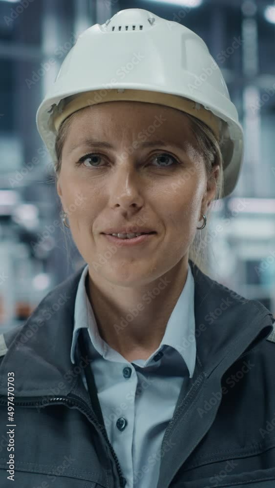 Vertical Screen. Car Factory Office Portrait of Female Chief Engineer