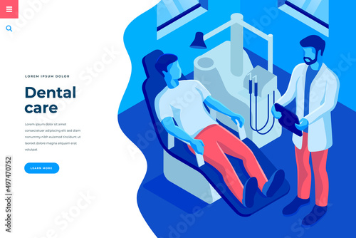 Dental care isometric vector illustration for landing page header template or web banner with copy space for text. Man characters dentist and patient in dental clinic room.