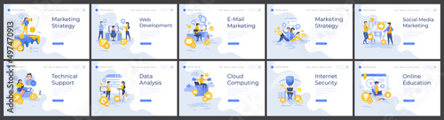 Landing page templates set business concepts with people characters. Modern flat design web page for website and mobile apps. Vector illustration