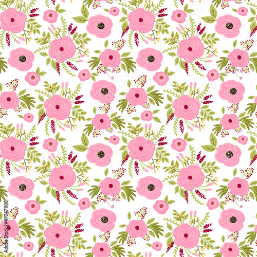 Hygge style floral doodle hand drawn seamless pattern.