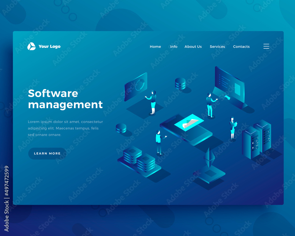 Software management office people characters and interact with dashboard and smartphone landing page or banner template. 3d isometric vector illustration. Software management office people characters and interact with dashboard and smartphone landing page or banner template. 3d isometric vector illustration.