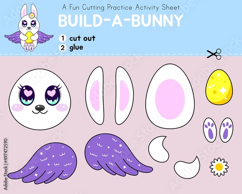 Activity worksheet, build a bunny, cut and glue. Cutting practice for kids. Easter holiday game. Educatuonal paper game.  Children's art project. Funny cartoon character. Rabbit with wings. Vector