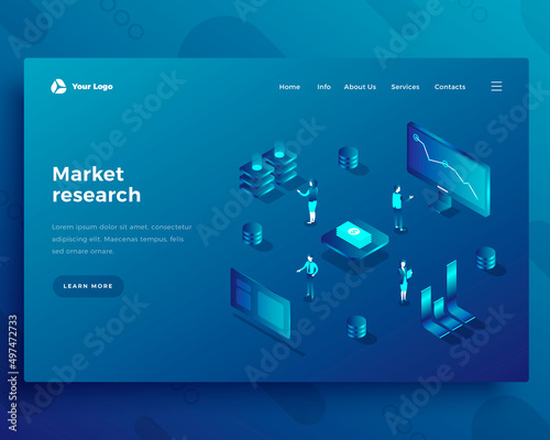 Market research office people characters and interact with computers landing page or banner template. 3d isometric vector illustration.