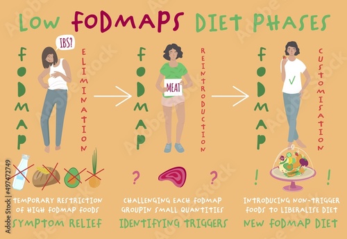 Low FODMAPS diet phases. Irritable Bowel Syndrome. Horizontal banner