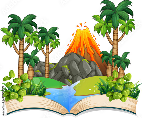 Book with scene of  volcano eruption by the river