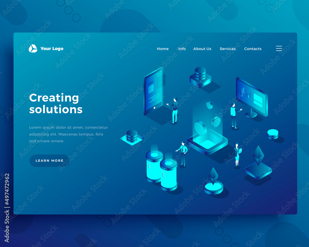 Creating solutions office people characters and interact with computer and smartphone landing page or banner template. 3d isometric vector illustration.