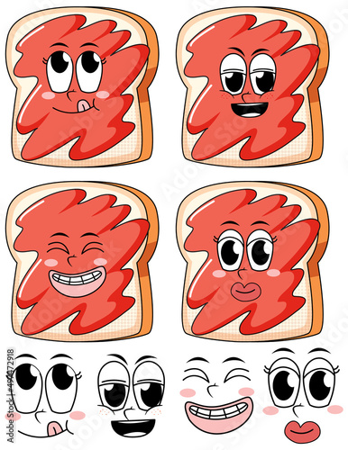 Set of facial expression vintage style cartoon with jam bread on white backgr...