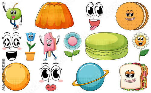 Set of facial expression with vintage style food cartoon on white background