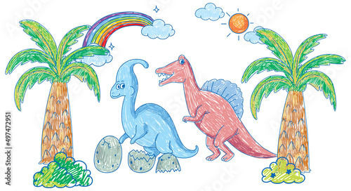 Coloured hand drawn dinosaurs group
