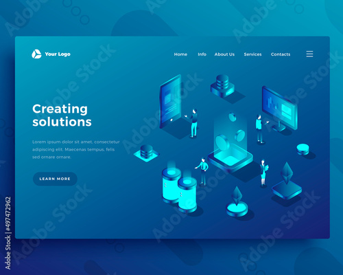 Creating solutions office people characters and interact with computer and smartphone landing page or banner template. 3d isometric vector illustration. © Виктория Суханова