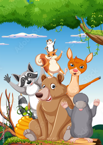 Nature scene with many trees and animals