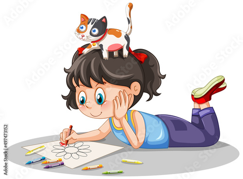 A girl drawing picture with cats nearby