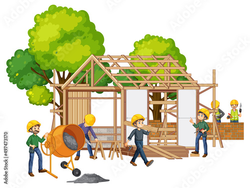 House construction site with cartoon workers