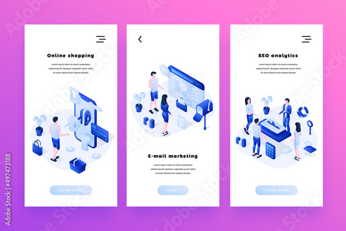 Vector web banners templates set with isometric people characters for websites, or mobile apps 3d isometric vector illustration. Online shopping, e-mail marketing and seo analytics concepts.