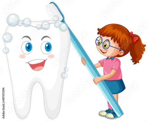 Happy kids brushing a big tooth with a toothbrush on white background