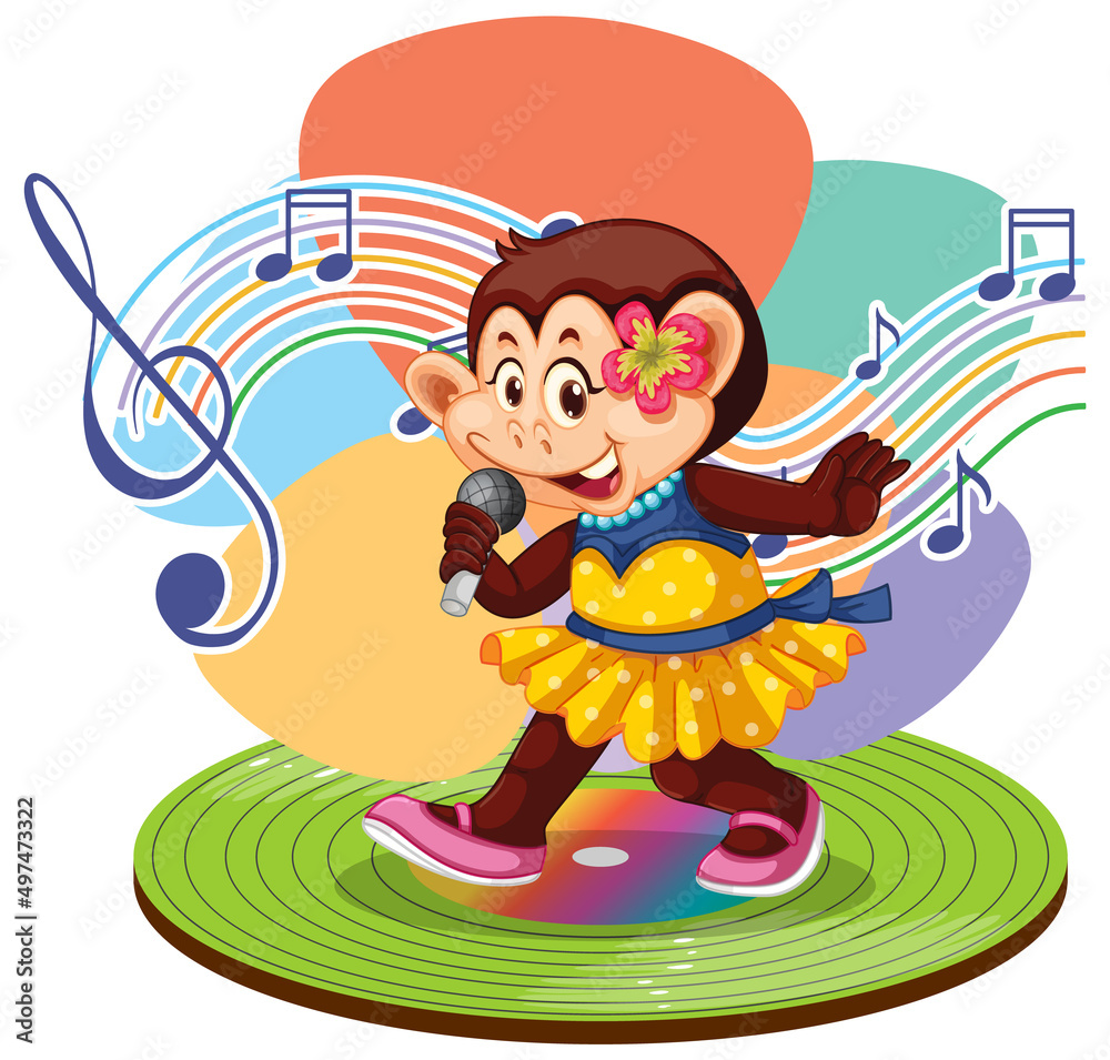 Naklejka premium Singer monkey cartoon with music melody symbols