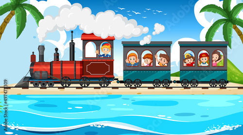Many kids riding train on the beach