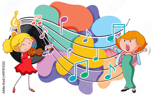 Happy children playing violin and sing with music notes on white background