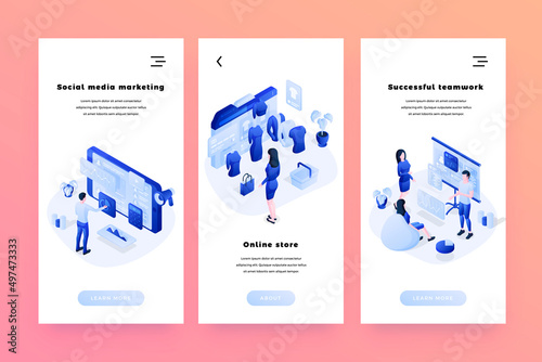 Vector web banners templates set with isometric people characters for websites, or mobile apps 3d isometric vector illustration. Social media marketing, online store and successful teamwork concepts.