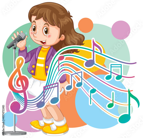 Singer girl cartoon with music melody symbols