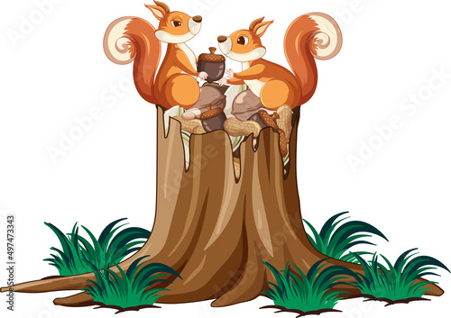 Two squirrels and nuts in garden