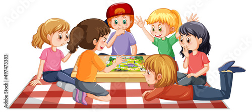 Happy kids playing boardgame on white background