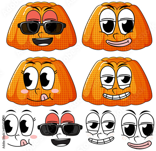 Set of facial expression vintage style cartoon with jelly on white background