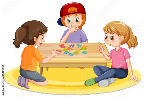 Happy kids playing jigsaw on white background