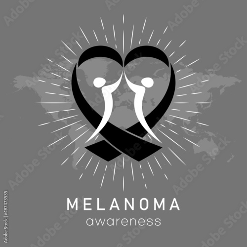 Melanoma awareness and black heart shape ribbon on map background. Skin cancer awareness