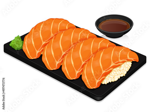 Salmon sushi with wasabi recipe menu, Japanese food illustration vector.