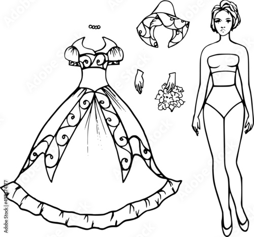 Sketch of a dress with large jewelry pattern. Clothes for a paper doll. Fashion clothes, wig, gloves, bouquet, necklace, accessories 