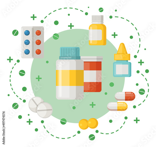 Medical pills concept. Tablets in blisters and capsules in plastic containers. Drugs banner