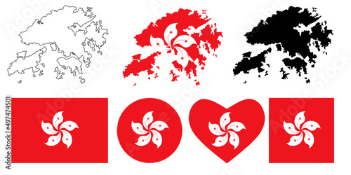 hong kong map flag icon set isolated on white background
