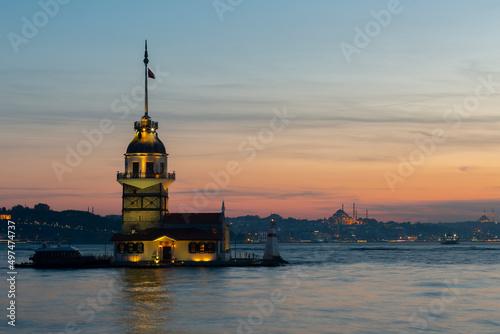 Istanbul, view of the Maiden's Tower on sunset , Turkey