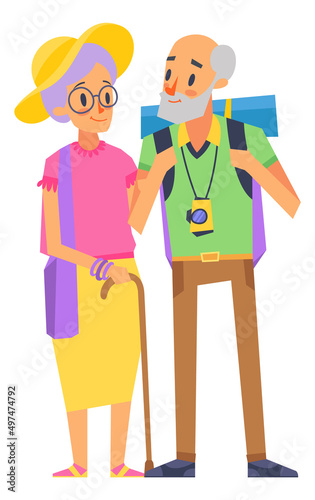 Senior tourists concept. Old woman with walking cane and man with photocamera