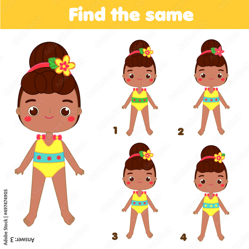 children educational game. Find the same pictures. Find two identical summer girls