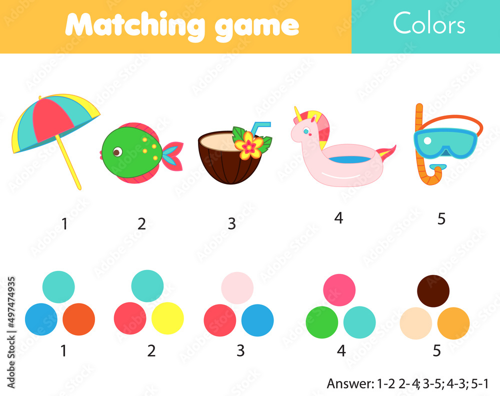 Matching children educational game. Match by color. Activity for kids and toddlers summer holidays theme